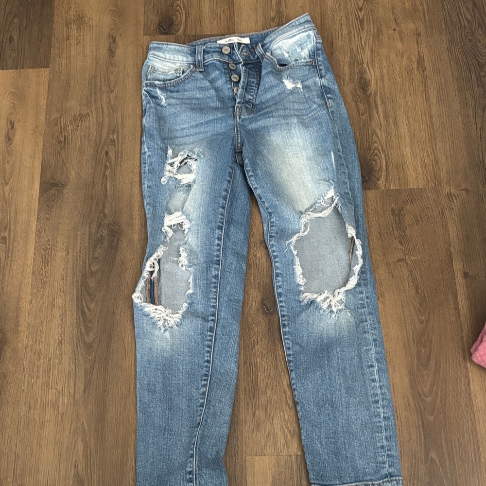Classic Blue Distressed Straight Leg Jeans